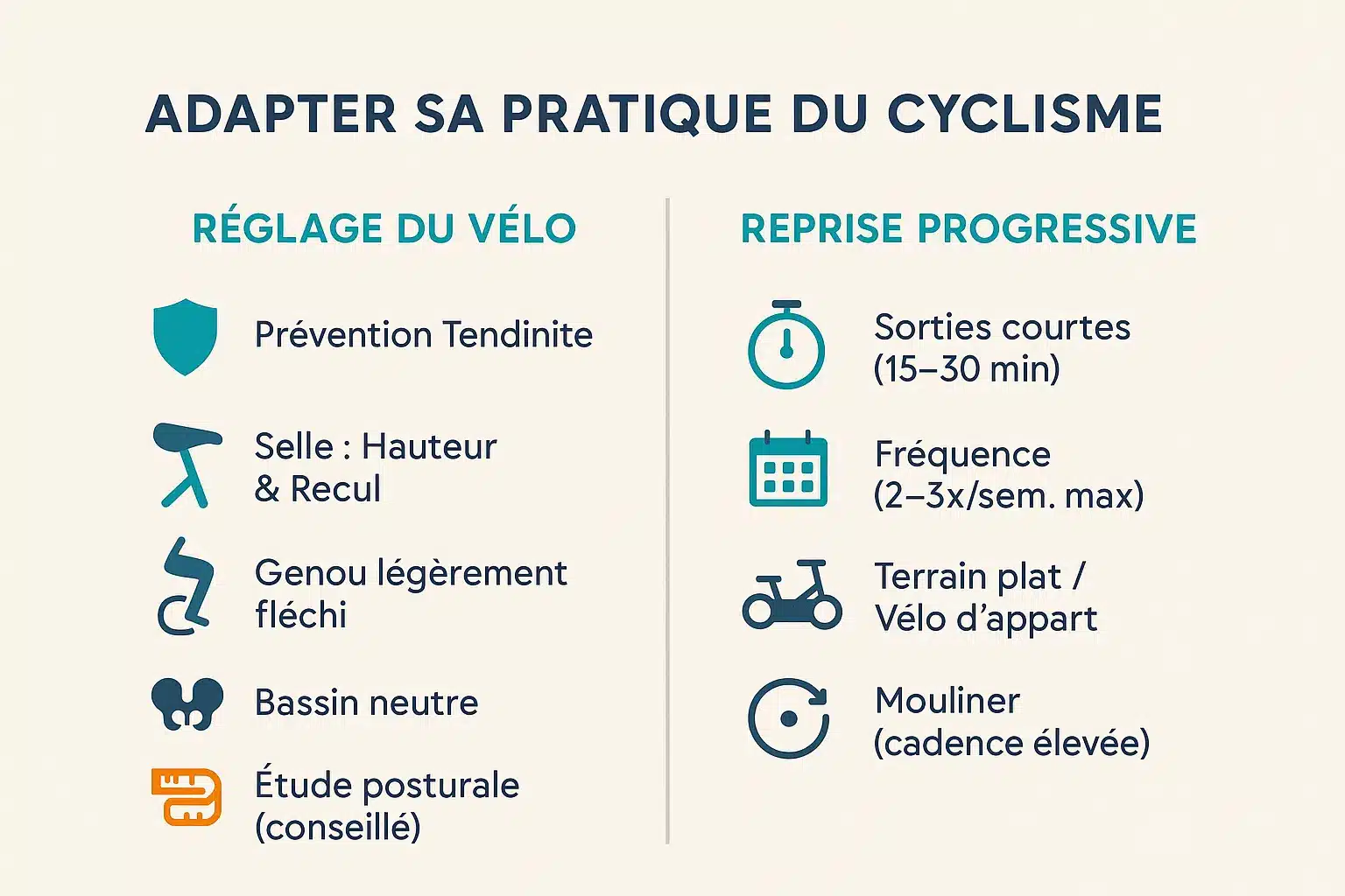 Illustration d'un cycliste ajustant sa selle et pédalant sur terrain plat