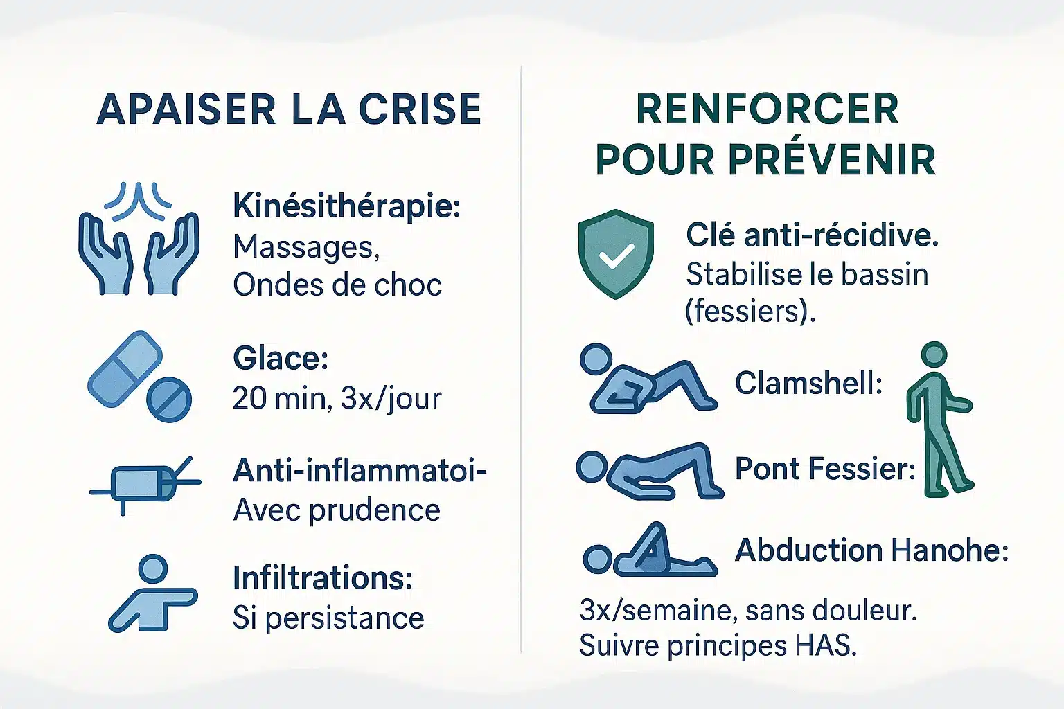 Illustration des exercices de renforcement musculaire pour la tendinite du moyen fessier