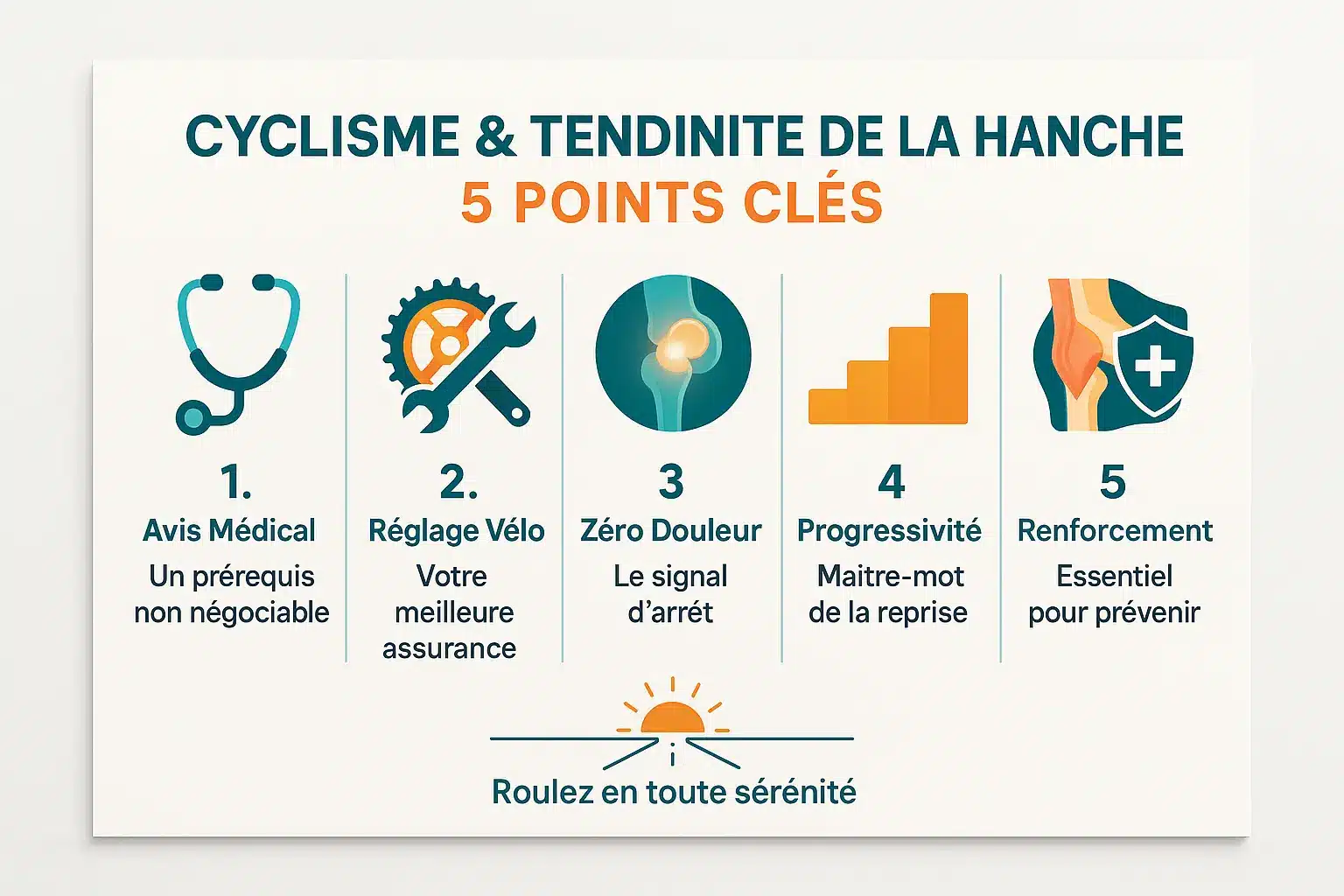 Illustration d'un cycliste avec des conseils sur la tendinite de la hanche