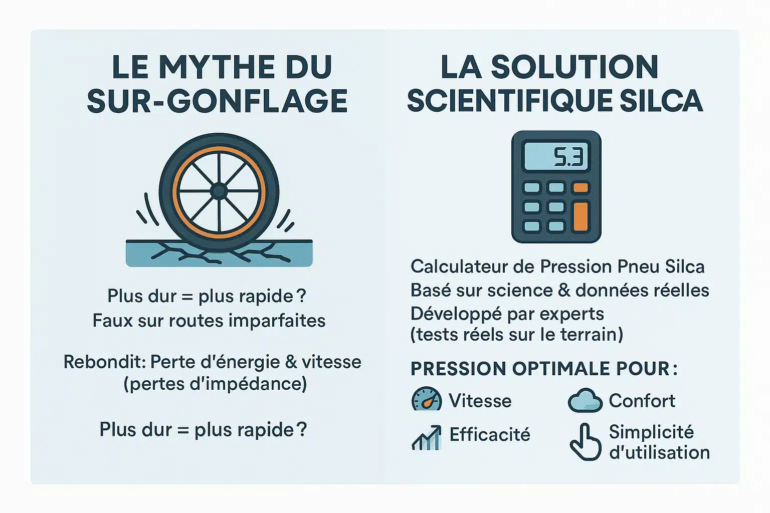 Schéma illustrant <strong>les pertes d’impédance avec un pneu trop gonflé</strong>« ></p>
<h3>Silca : la réponse scientifique à une question complexe</h3>
<p>Le calculateur Silca s’appuie sur des tests en conditions réelles pour intégrer les vraies surfaces routières. Résultat : une <strong>pression ajustée pour éviter les rebonds inutiles</strong> et préserver l’efficacité.</p>
<p>Simplicité d’utilisation : entrez quelques données clés (poids total, type de terrain, largeur du pneu). En retour, obtenez des <strong>recommandations précises pour les pneus avant et arrière</strong>. Une science rigoureuse au service d’un gain immédiat.</p>
<h2 id=