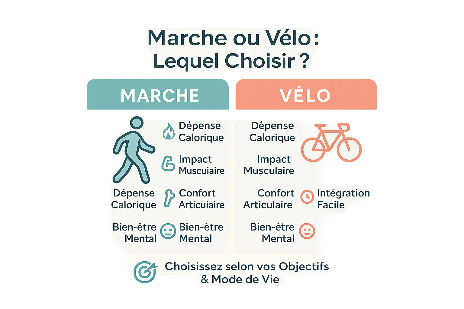 Illustration comparant la marche et le vélo pour la combustion des calories