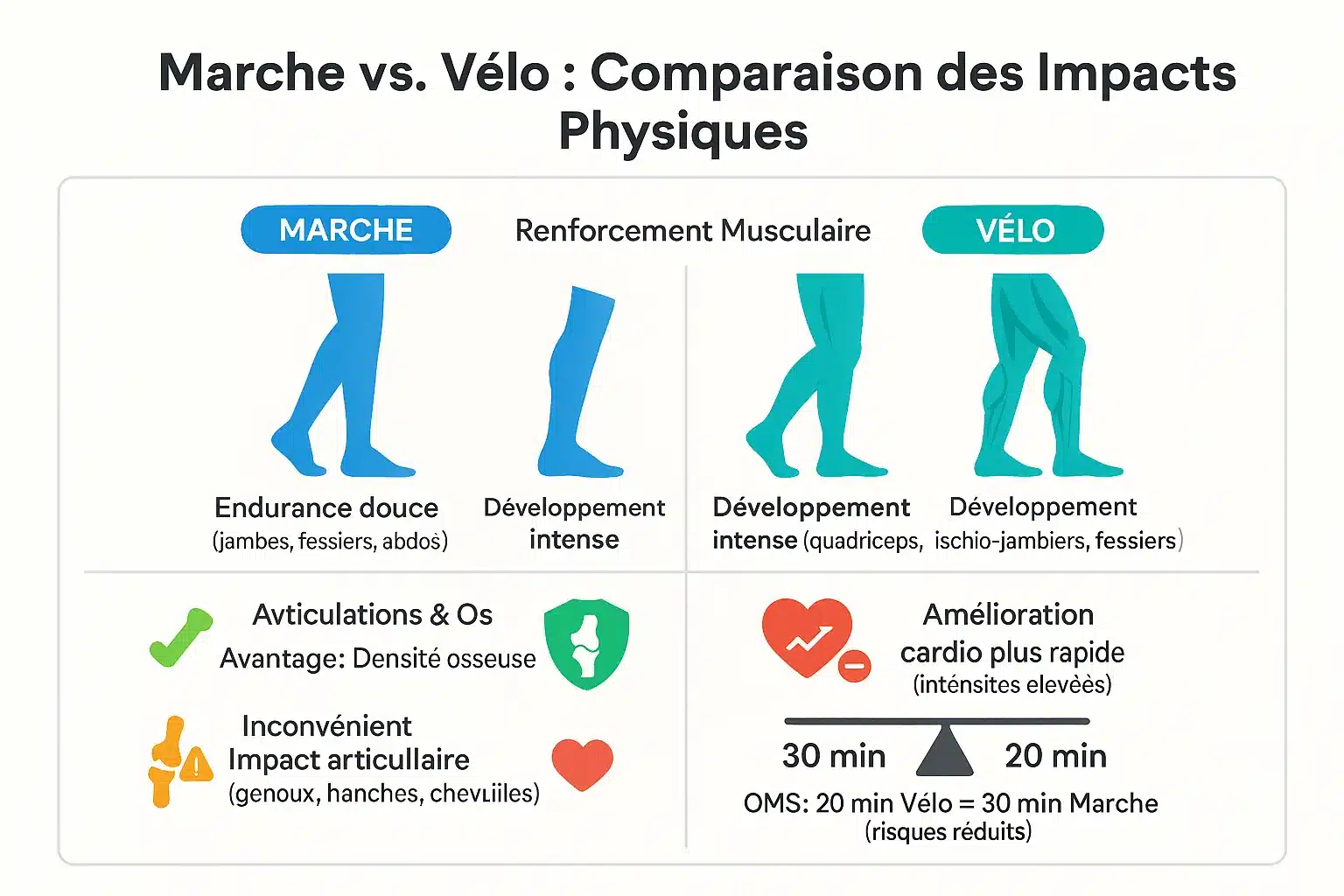Comparaison des impacts physiques entre la marche et le vélo