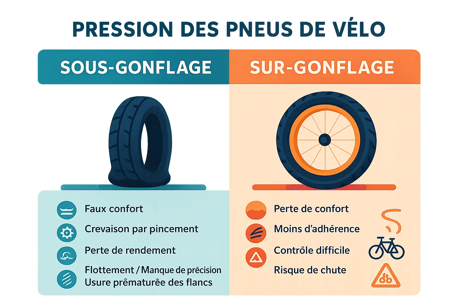 Schéma illustrant les <strong>différences entre un pneu sous-gonflé et un pneu sur-gonflé</strong> » /></p>
<h3>Le sous-gonflage : le faux ami du confort</h3>
<p>Le sous-gonflage semble offrir un confort immédiat grâce à une meilleure absorption des chocs. Pourtant, <strong>ce confort cache de vrais risques</strong>.</p>
<p><strong>Une pression trop faible expose à une crevaison par pincement</strong>, surtout avec les pneus tubetype. La chambre à air se coince entre le pneu et la jante à la moindre bosse. Une crevaison en descente peut être violente.</p>
<p>Le <strong>rendement en pâtit</strong>. Votre pneu « colle » au sol, vous force à fournir un effort supplémentaire pour avancer. La sensation de « flottement » rend la direction imprécise.</p>
<p>Enfin, un pneu trop mou s’use prématurément. Ses flancs souffrent et <strong>sa durée de vie diminue</strong>. Pourquoi payer plus cher à long terme ?</p>
<h3>Le sur-gonflage : quand trop dur rime avec danger</h3>
<p>Une pression trop élevée peut sembler rassurante, mais elle transforme <strong>votre VTT en « boule de flipper »</strong> sur les chemins !</p>
<p>Le principal problème ? Une adhérence réduite. Votre pneu ne déforme plus assez pour accrocher le terrain. Résultat : <strong>glissades sur les racines, dérives dans les virages, freinage allongé</strong>. Un vrai danger sur terrain humide.</p>
<p>Sans parler du confort anéanti. Chaque caillou devient un obstacle douloureux. Votre VTT transmet toutes les vibrations, <strong>rendant la conduite épuisante</strong>.</p>
<p>Le pire ? Plus le terrain est accidenté, plus cette rigidité <strong>rend le vélo incontrôlable</strong>. Un vrai risque pour les amateurs de descentes techniques ou de sauts.</p>
<p>Et si la solution était simplement de trouver <strong>le juste milieu</strong> ?</p>
<h2 id=