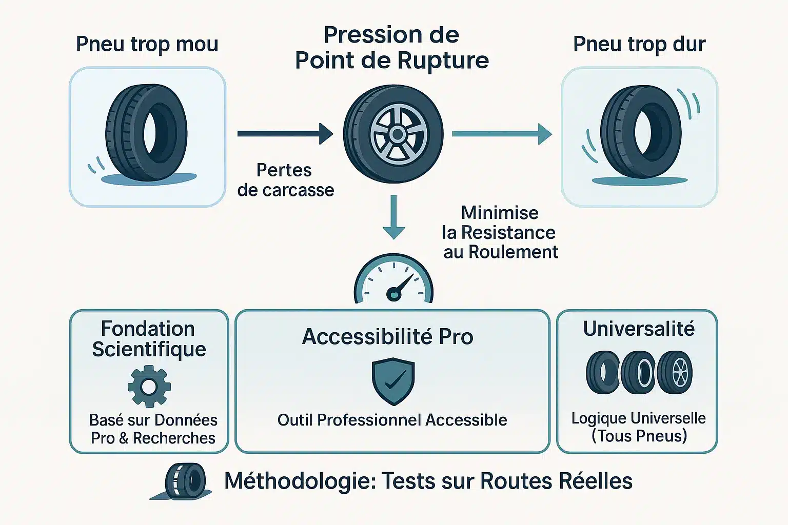 <strong>Infographie pression pneu</strong> Silca » /></p>
<p>Le calculateur Silca repose sur un concept novateur : la pression de point de rupture. Pourquoi est-ce crucial ? Parce qu’il existe un <strong>équilibre idéal</strong> entre un pneu trop mou (qui se déforme) et trop dur (qui transmet les chocs). Mais comment cela fonctionne-t-il ?</p>
<h3 id=