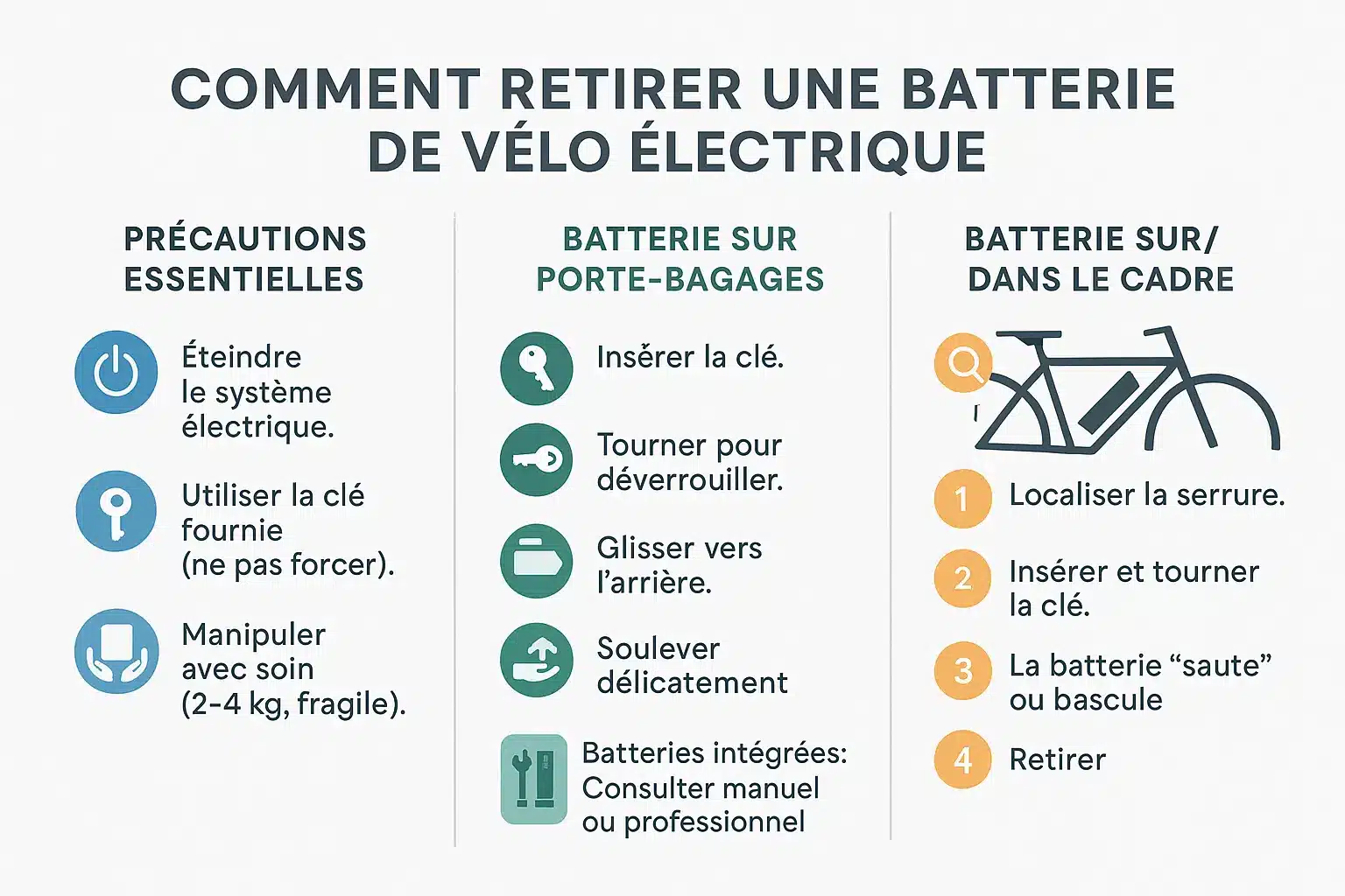 Illustration du retrait d'une batterie de vélo électrique