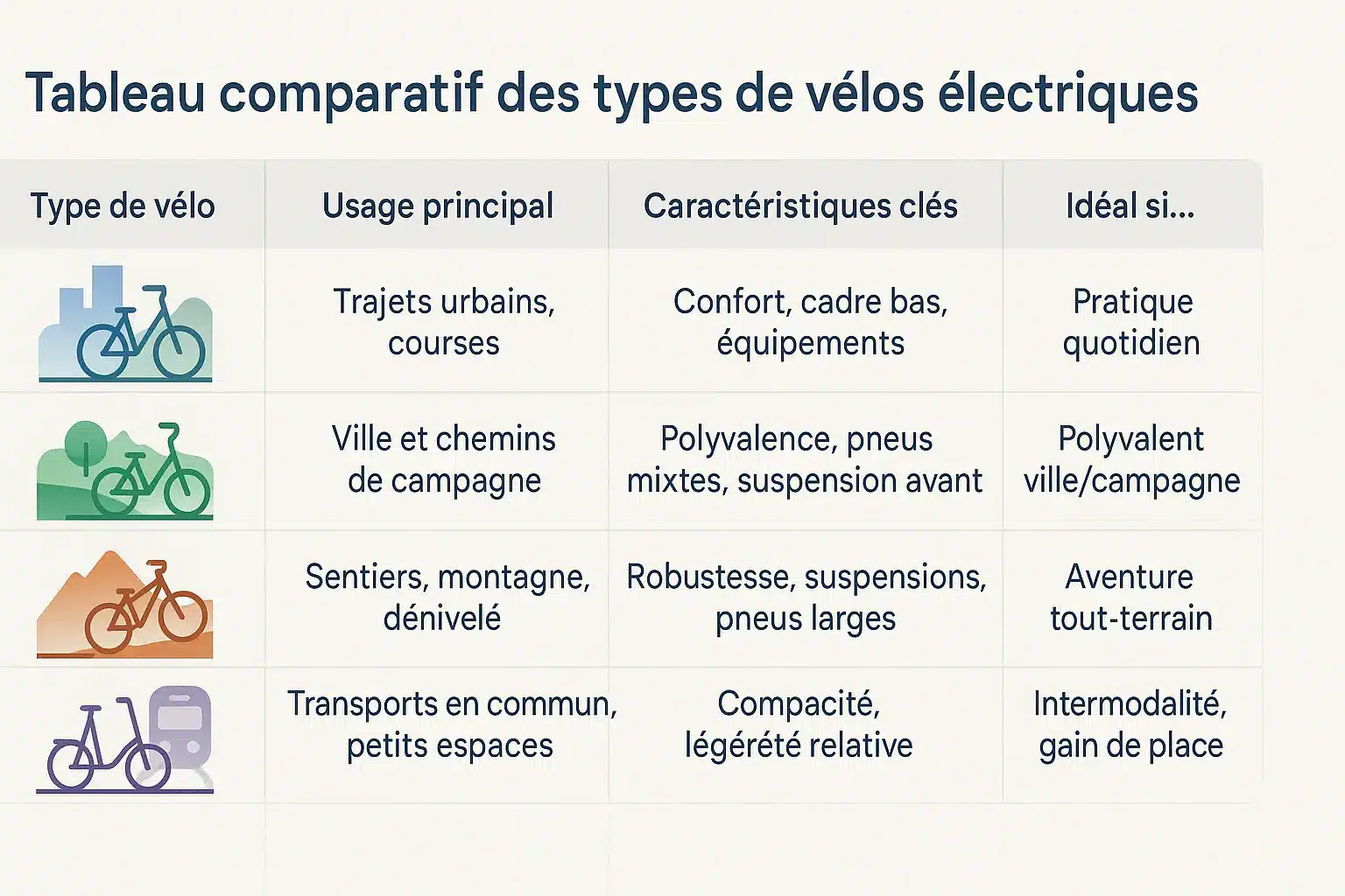 Tableau comparatif des types de vélos électriques