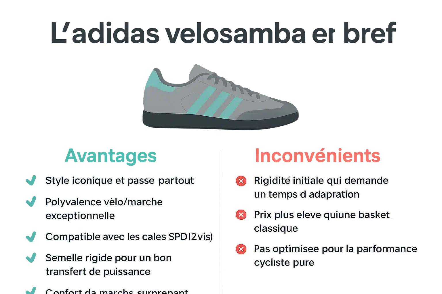 Tableau comparatif avantages et inconvénients adidas Velosamba