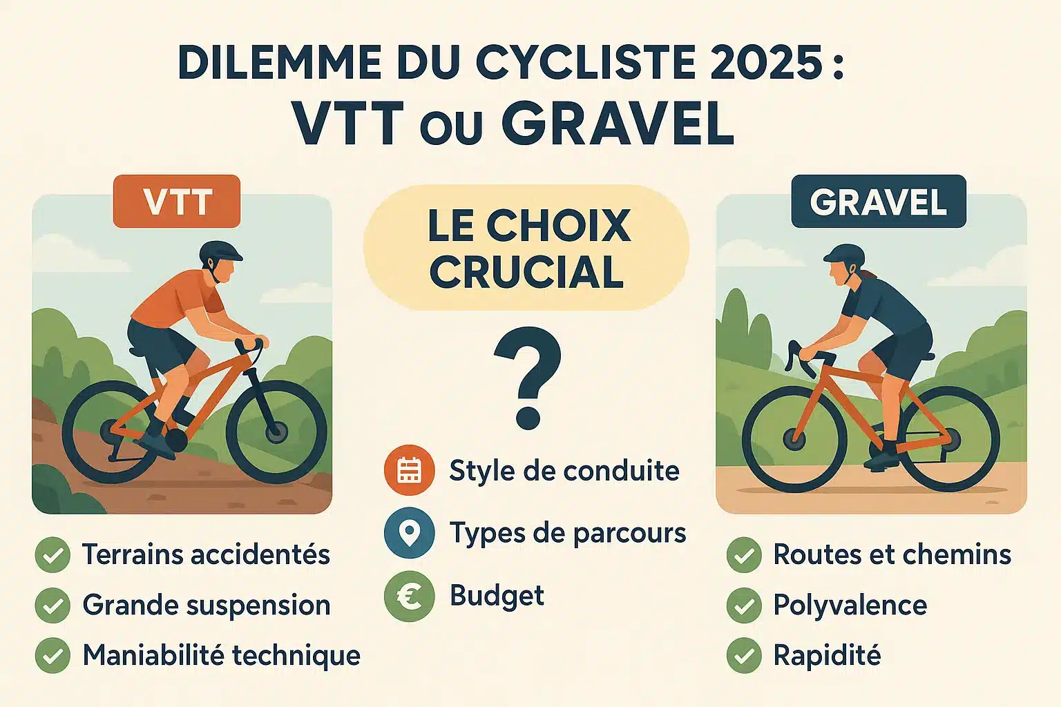 Illustration montrant un VTT et un gravel côte à côte sur différents terrains