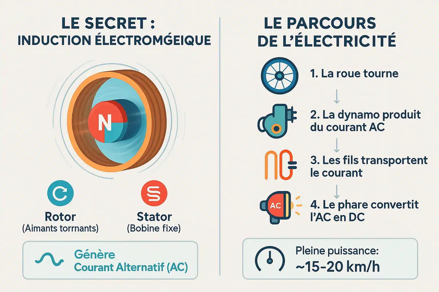 Schéma d'une dynamo de vélo montrant l'induction électromagnétique