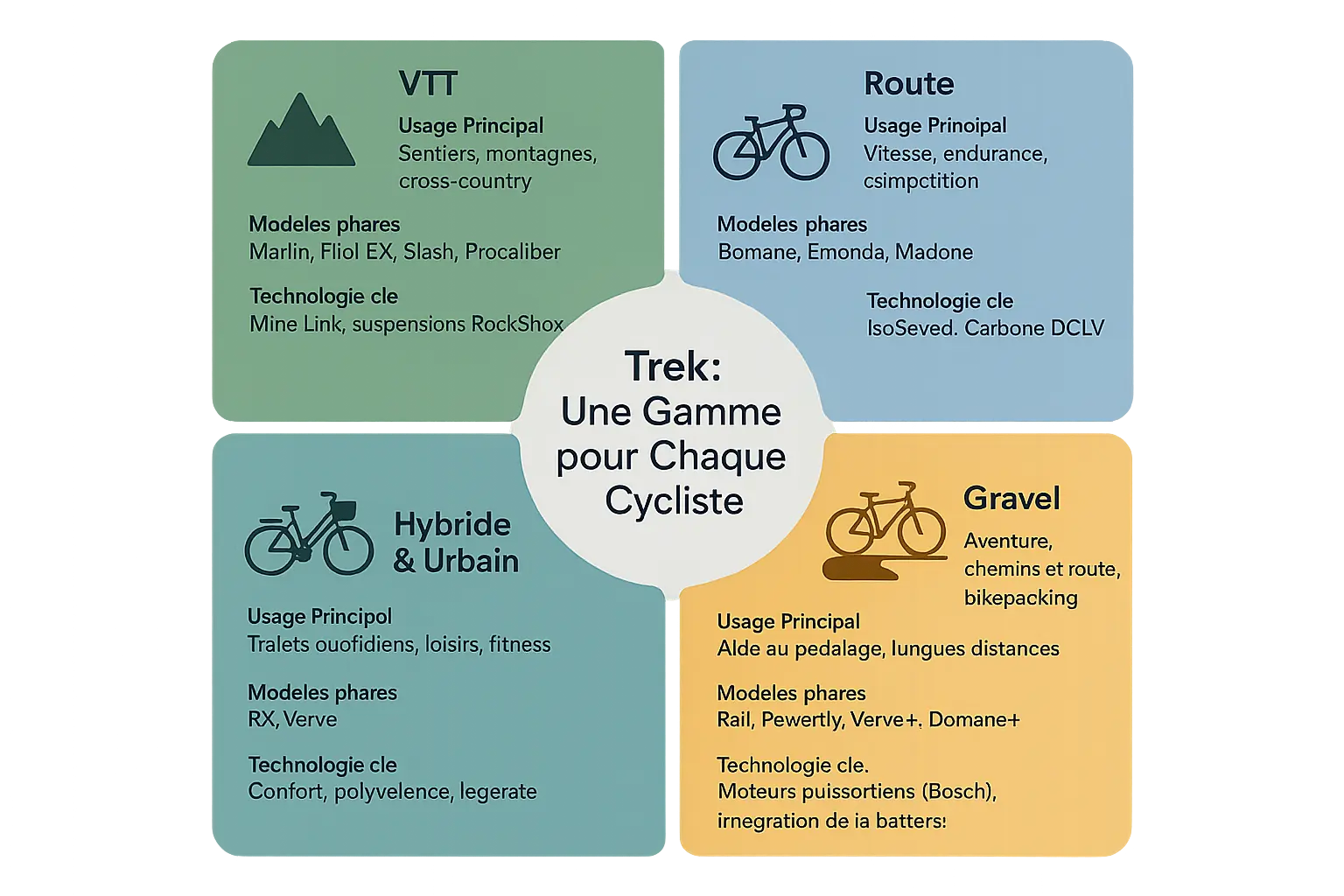 Infographie de la gamme de vélos Trek par catégorie