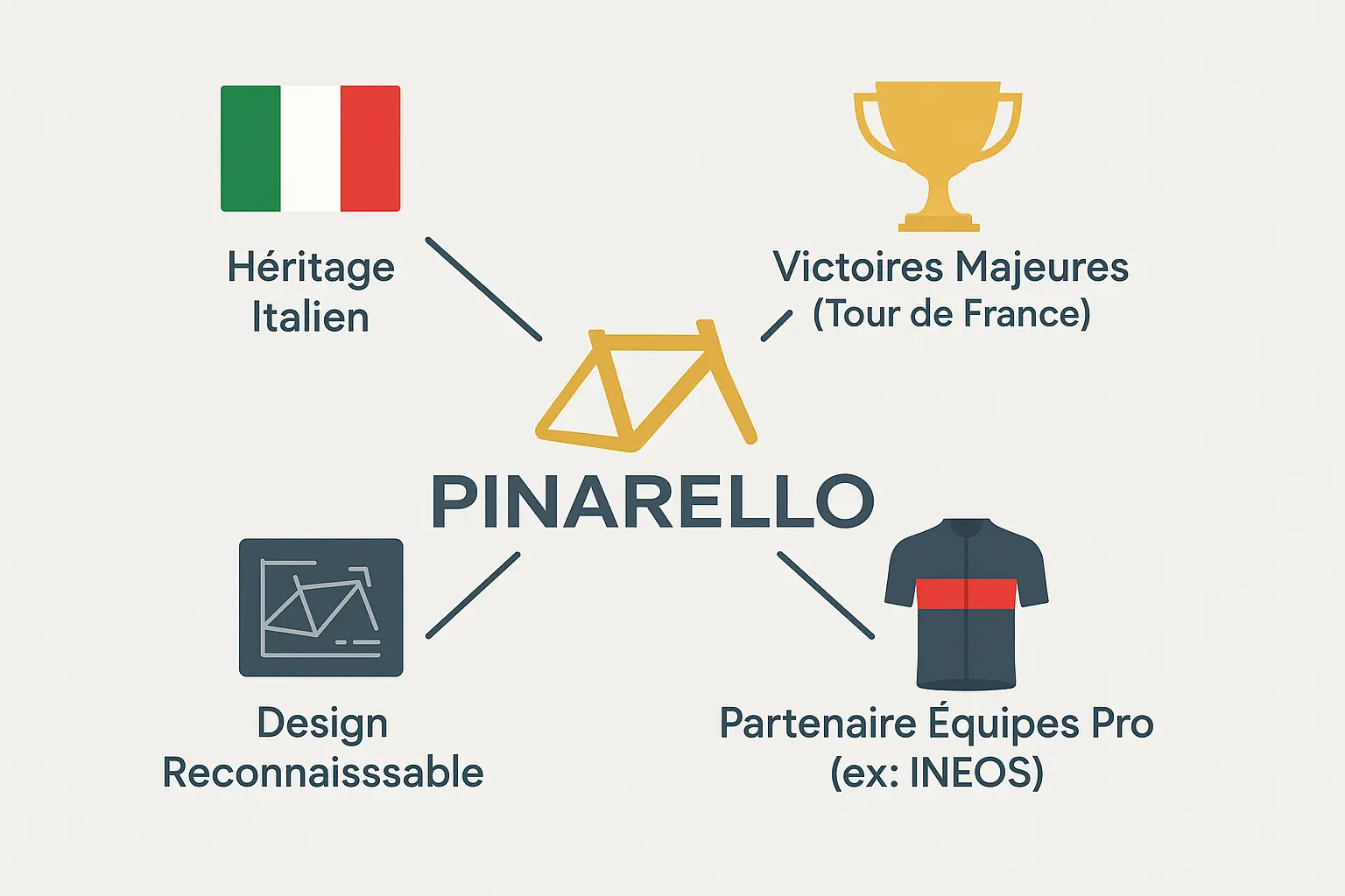 Infographie des piliers de la marque Pinarello
