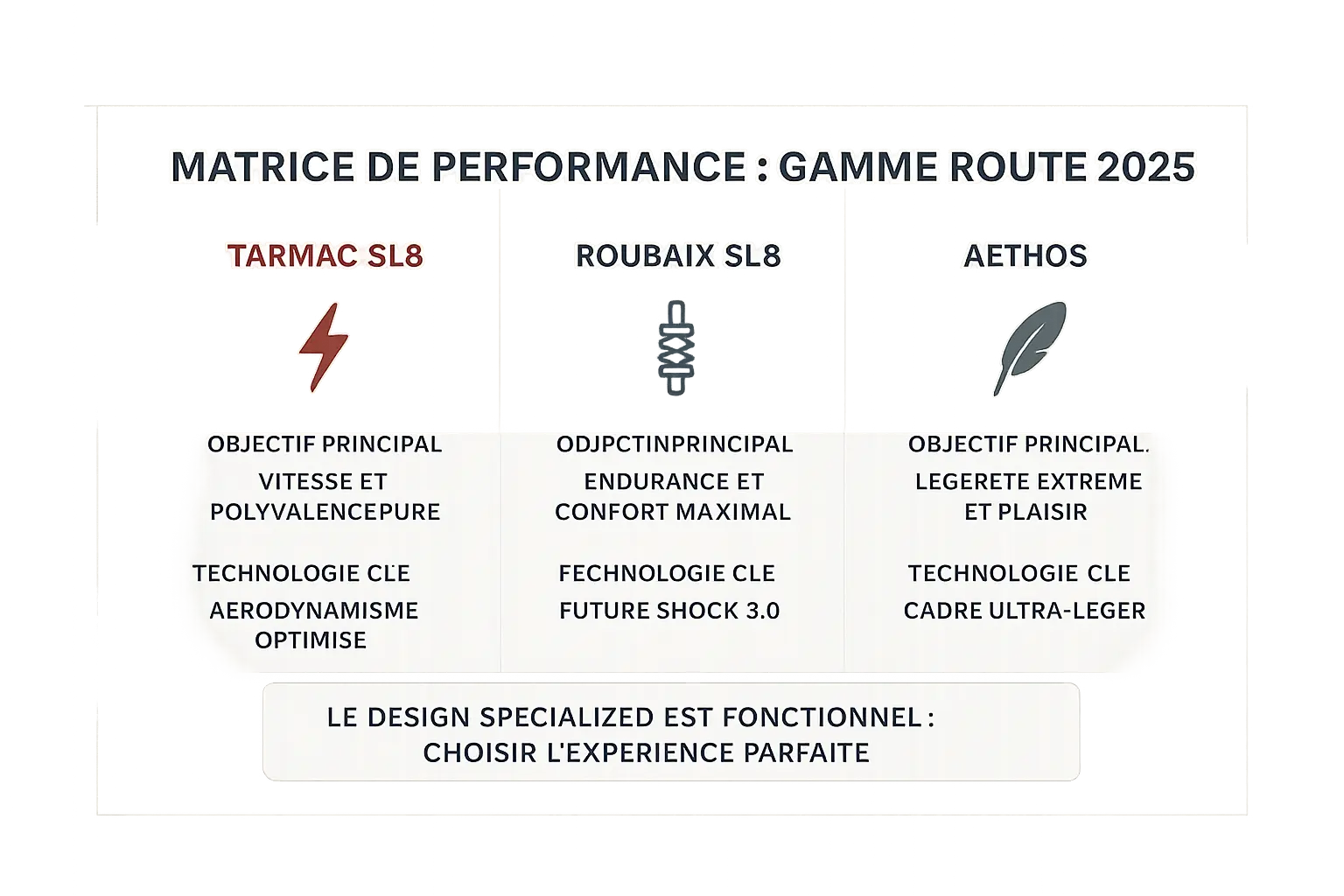 <strong>Gamme route Specialized 2025</strong> » /></p>
<p>Spécialisée dans l’innovation, Specialized axe sa gamme 2025 sur trois priorités : <strong>vitesse, endurance et légèreté</strong>. Chaque modèle répond à des besoins précis, transformant technologie en expériences adaptées à tous les cyclistes.</p>
<table>
<caption>Comparatif de la gamme route Specialized 2025</caption>
<thead>
<tr>
<th>Modèle</th>
<th>Objectif Principal</th>
<th>Technologie Clé</th>
<th>Profil du Cycliste Idéal</th>
</tr>
</thead>
<tbody>
<tr>
<td>Tarmac SL8</td>
<td>Vitesse et polyvalence pure</td>
<td>Aérodynamisme (nez « Speed Sniffer »), légèreté (685g cadre S-Works)</td>
<td>Compétiteurs ou passionnés de vitesse</td>
</tr>
<tr>
<td>Roubaix SL8</td>
<td>Endurance et confort maximal</td>
<td>Suspension Future Shock 3.0 (20mm), pneus jusqu’à 38c</td>
<td>Longues distances sur routes dégradées</td>
</tr>
<tr>
<td>Aethos</td>
<td>Légèreté extrême et plaisir de pilotage</td>
<td>Cadre S-Works <600g, design épuré</td>
<td>Puristes en montagne</td>
</tr>
</tbody>
</table>
<p>Le Future Shock 3.0 du Roubaix SL8 <strong>réduit les vibrations de 53%</strong>, améliorant confort et contrôle. Ses 20mm de débattement fluidifient les parcours exigeants, sans nuire à la performance.</p>
<p>Le Tarmac SL8 <strong>gagne 16,6 secondes sur 40km</strong> grâce à son aérodynamisme optimisé (forme « Speed Sniffer », cintre Roval Rapide), idéal pour les compétiteurs exigeants.</p>
<p>L’Aethos S-Works, avec un cadre sous les 600g, allie <strong>légèreté extrême à une géométrie équilibrée</strong>, parfait pour les ascensions rapides et les descentes précises.</p>
<p>En segmentant sa gamme, Specialized évite les compromis. <strong>Chaque vélo incarne une priorité claire</strong> : vitesse, confort ou légèreté. Le design répond systématiquement à un besoin pratique, transformant innovation en performance.</p>
</p></div>
<h2 id=