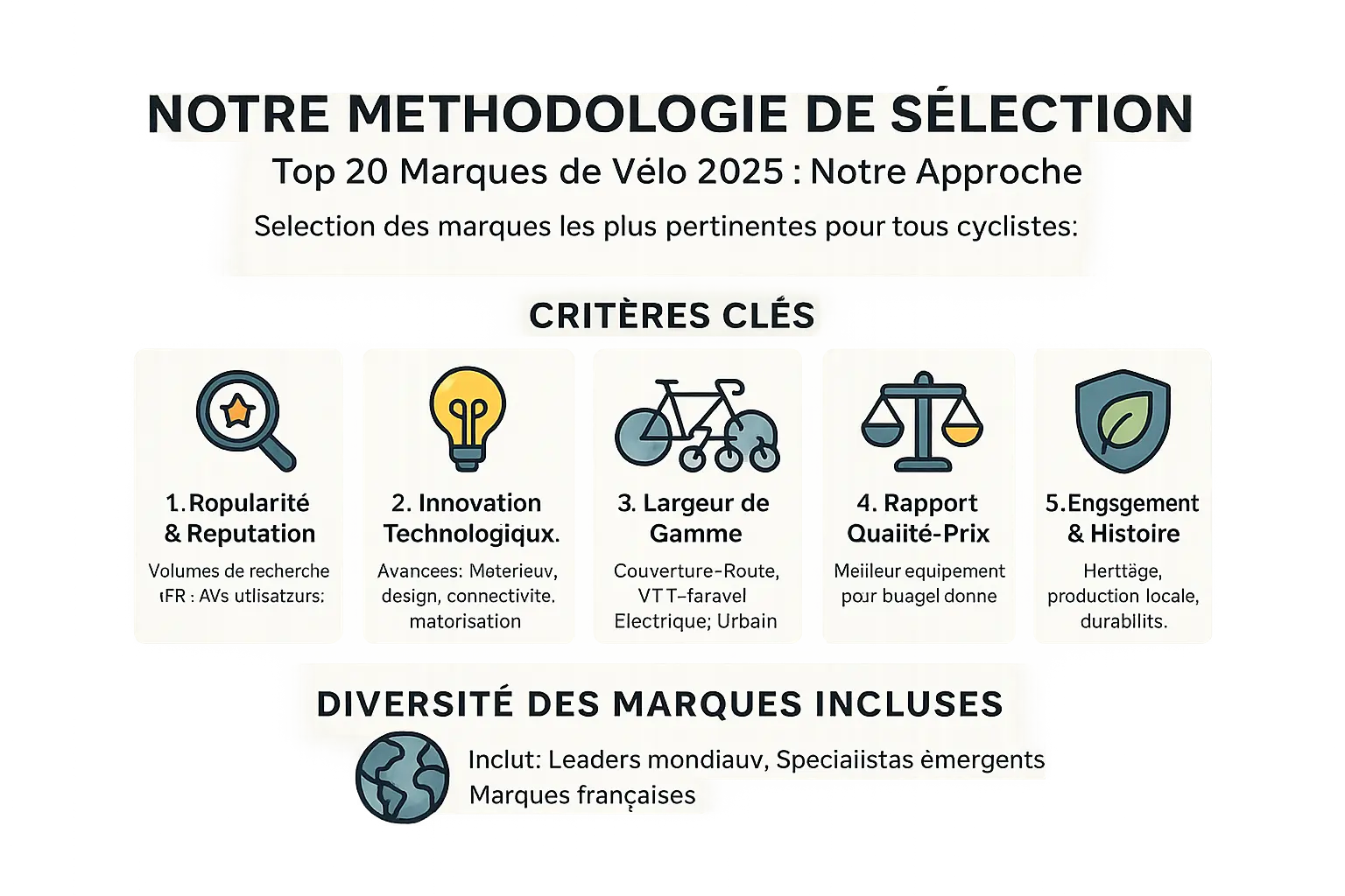 Illustration de la méthodologie de sélection du top 20 des marques de vélo en 2025, avec des icônes de critères comme la popularité, l'innovation, et le rapport qualité-prix
