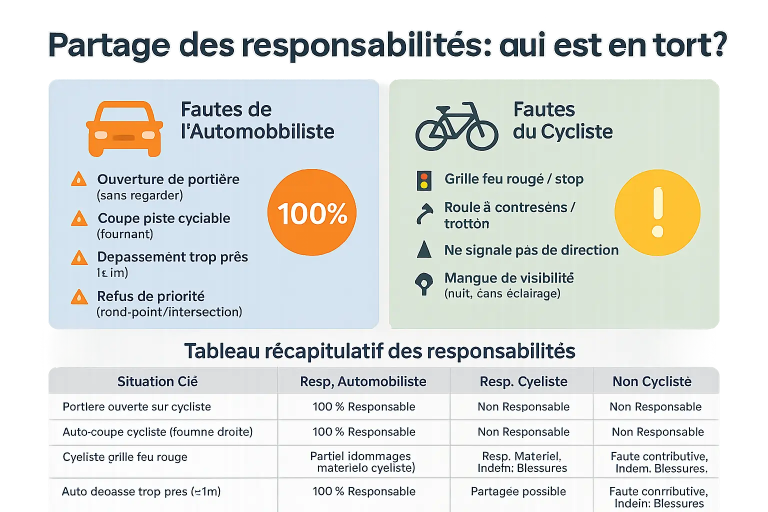 Schéma explicatif des responsabilités en cas d'accident entre voiture et vélo