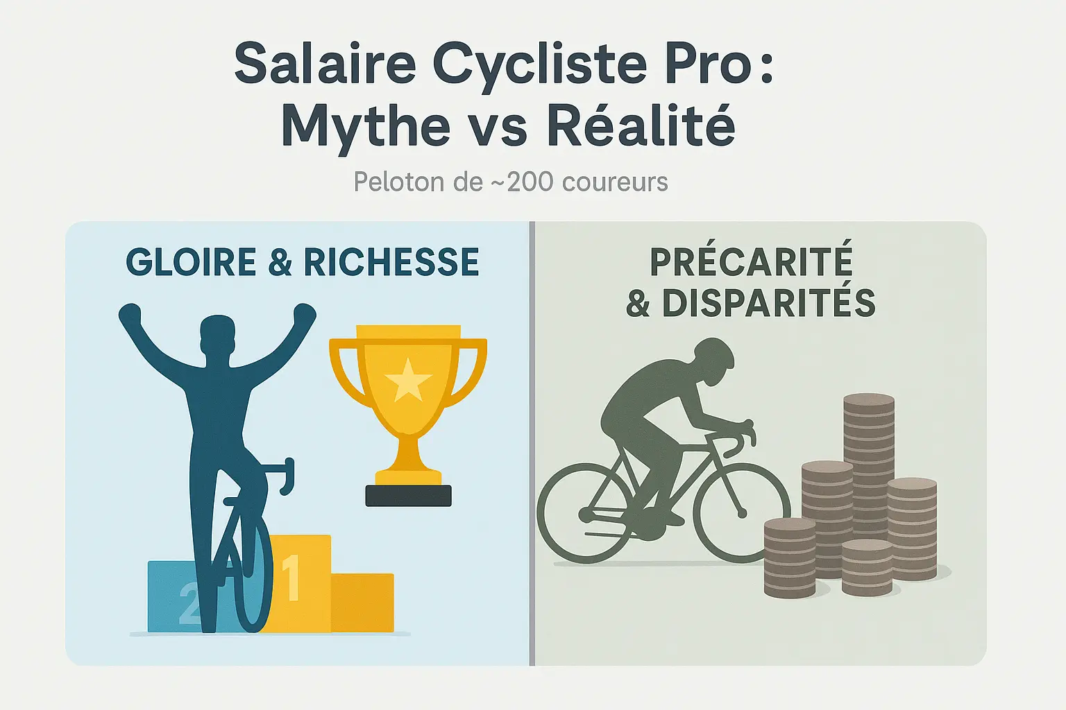 Illustration montrant un cycliste professionnel en pleine ascension, entouré d'éléments visuels comparant les revenus entre les stars du cyclisme et les coureurs moyens