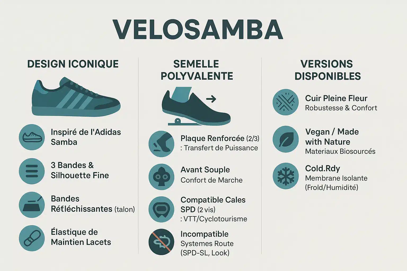 Caractéristiques clés de la chaussure Adidas Velosamba