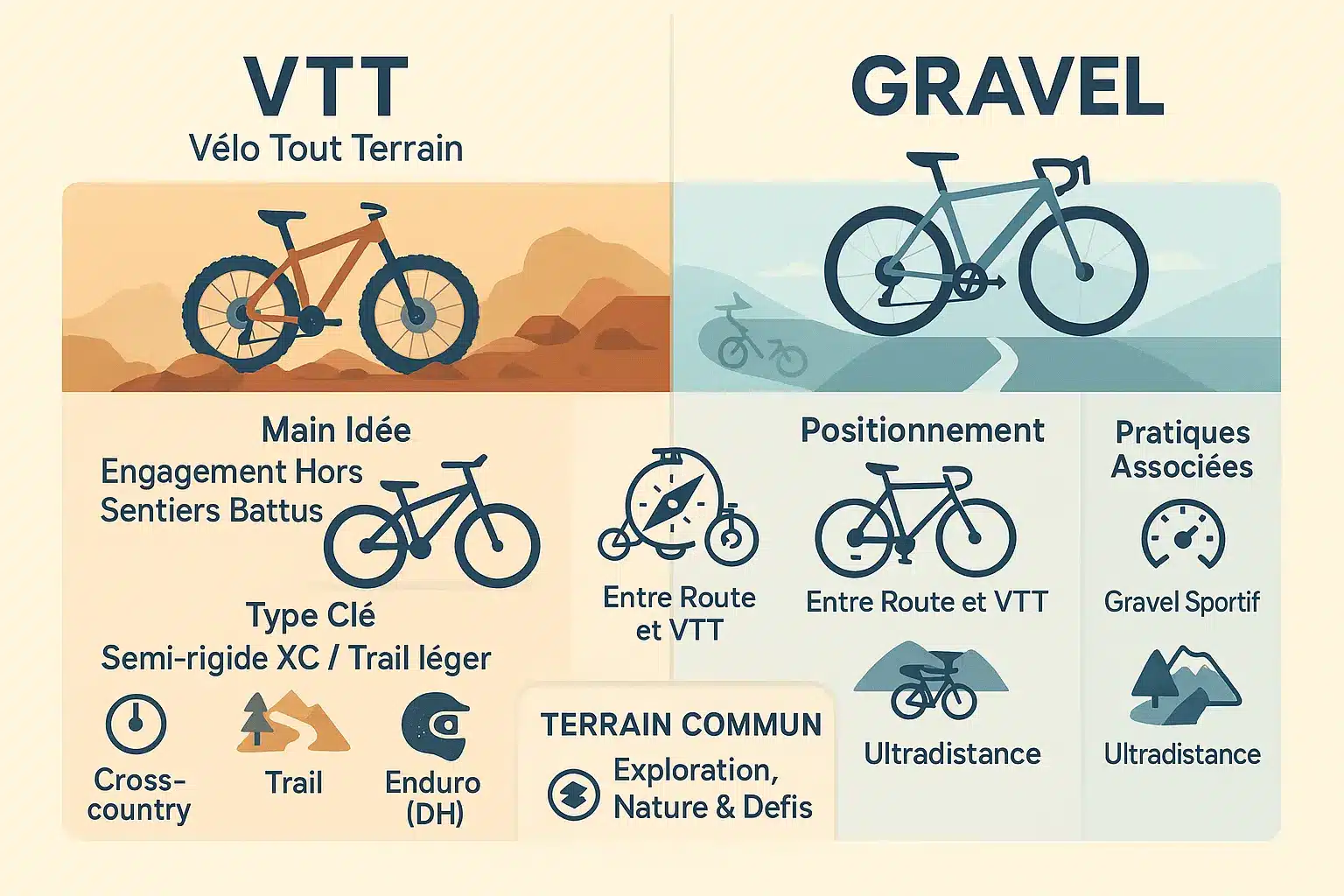 Comparaison visuelle entre un <strong>VTT et un gravel</strong>« ></p>
<h2 id=