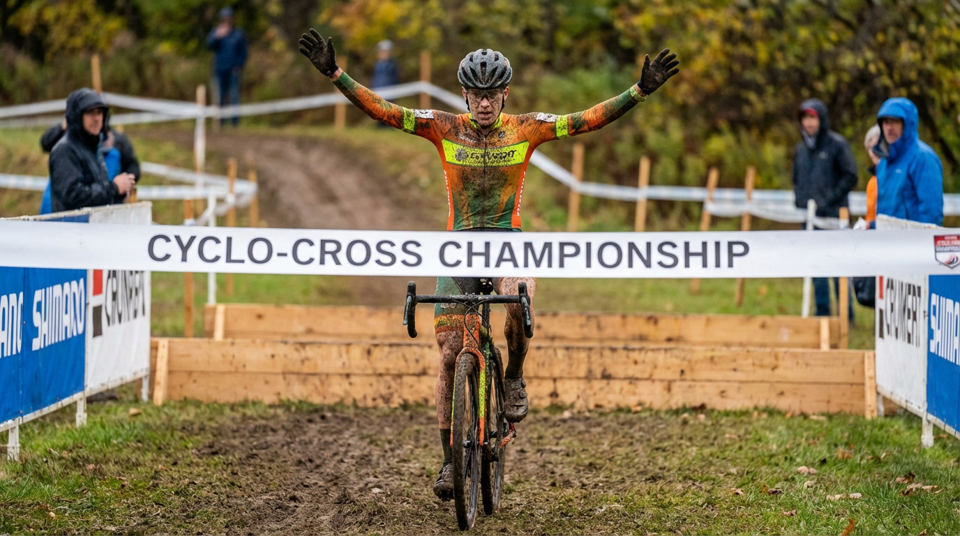 cycliste qui franchi la ligne d'arrivée du cyclo cross saint andré lidon