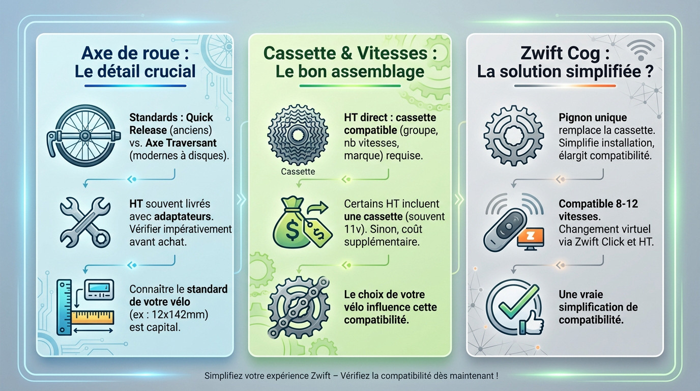 Schéma de compatibilité vélo Zwift montrant les axes, cassettes et le système Zwift Cog