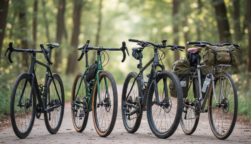 différents vélos posés sur un chemin de forêt