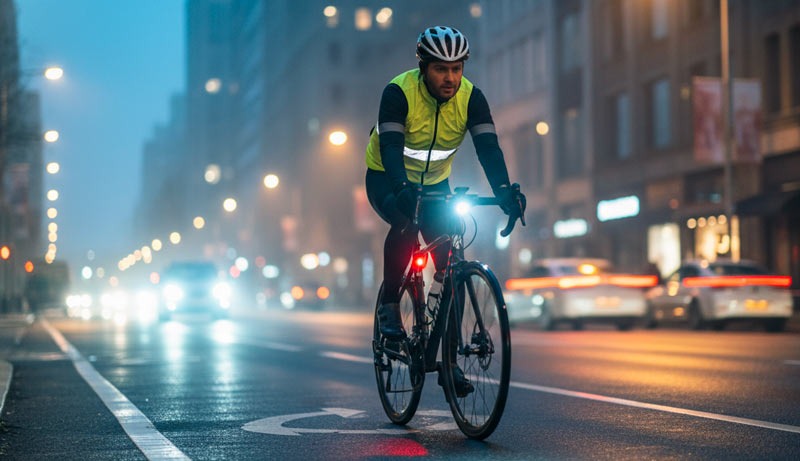 cycliste qui roule de nuit avec l'équipement nécessaire