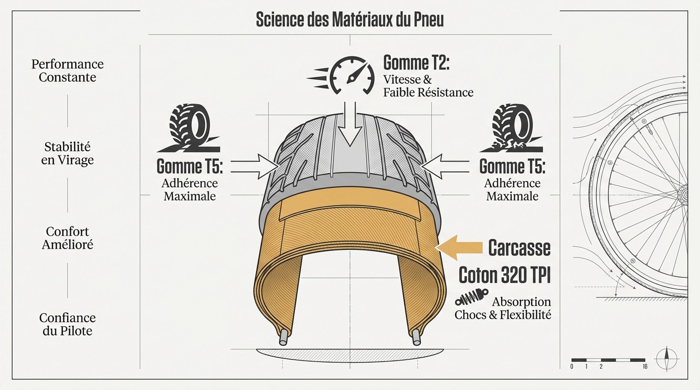 détail technique de la carcasse en coton et de la gomme gripton du pneu specialized
